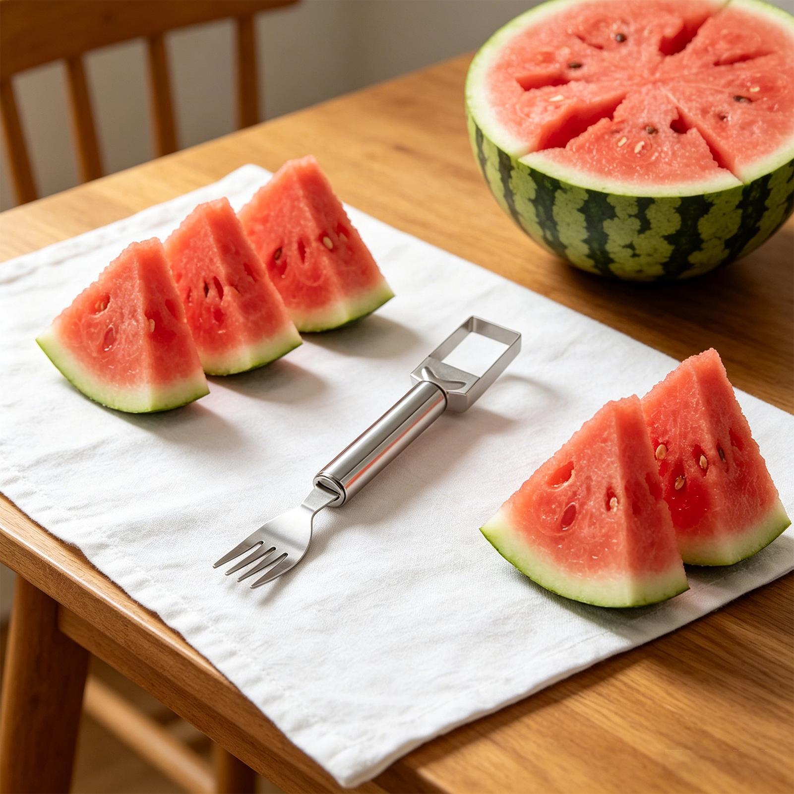 Outdoor Camping Kitchen - Wassermelonen-Schneider, doppelköpfige Obstgabel, Obstschneider aus Edelstahl