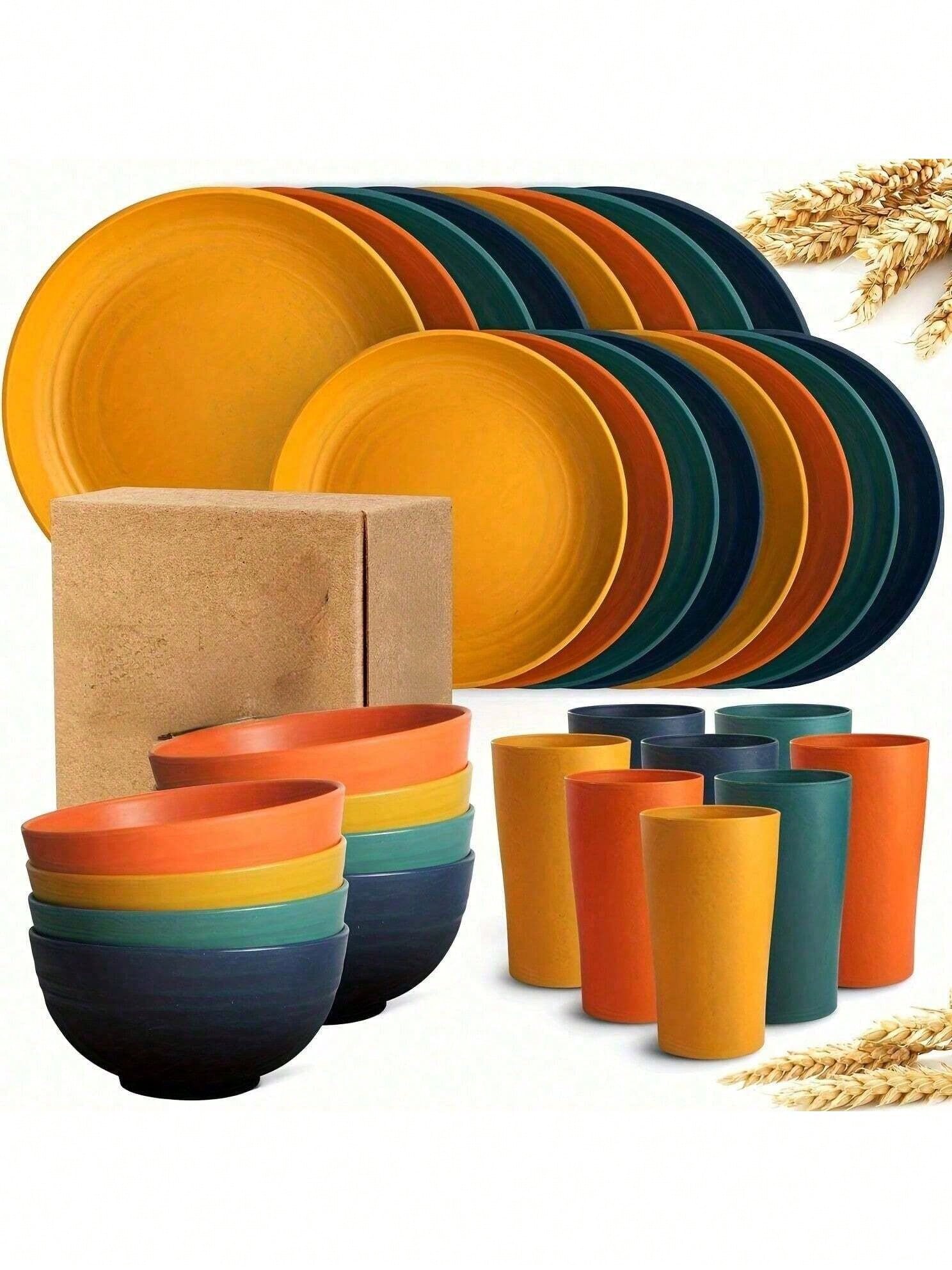 Outdoor Camping Kitchen - 16-teiliges Küchen-Geschirrset aus Weizenstroh, für 4