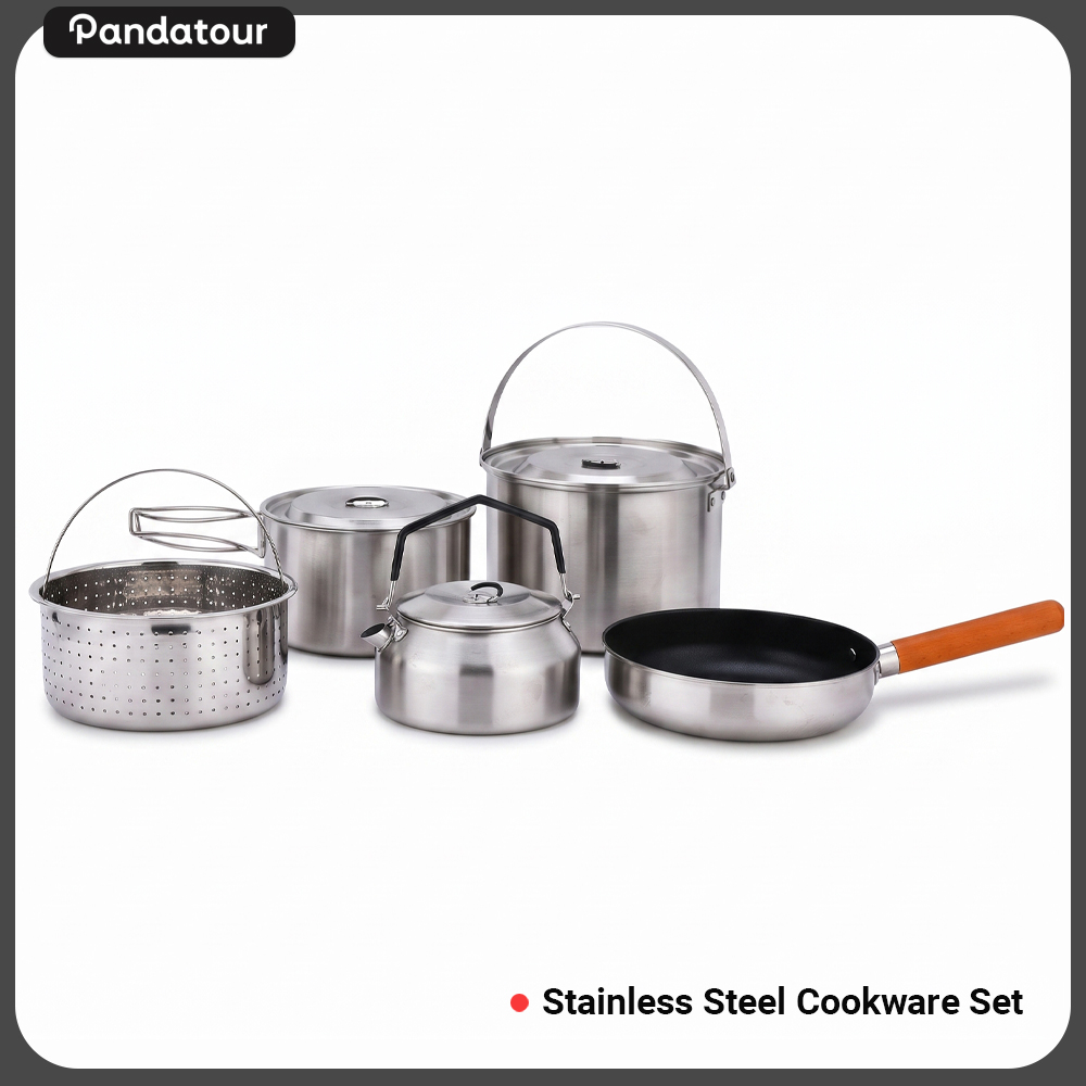 Outdoor Camping Cooking Equipment - Pandatour Outdoor Camping 5-teiliges Edelstahl-Kochgeschirr-Set, faltbar,